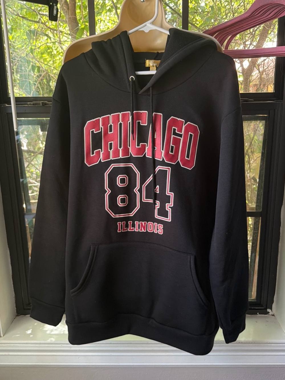 Black Men’s Hoodie Cardigan with Red Chicago 84 Graphic